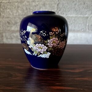 Vintage Japanese Cobalt Blue Vase with Peacock & Floral design 6” porcelain